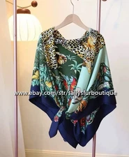 Sallys 70% Cashmere & 30% Silk Wrap Scarf Leopard Print 2 Face Shawl 53" Green