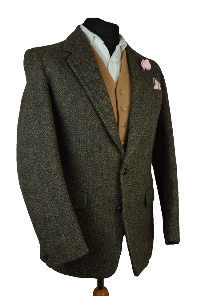 Harris Tweed Tailored Green Brown Herringbone Blazer Jacket 40R #31 PRISTINE - Image 3 of 4