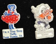 Vintage Dumas Texas Ding Dong Daddy/Dolly Cowboy Enamel Lapel Pins Novelty