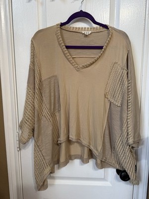 NWT POL  S Pp39 Brown Tan Patchwork  Mesh Short Sleeve Top
