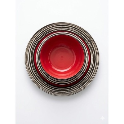Thomson Pottery Tahiti Carmine Red Black Striped Stoneware Dinnerware Set 3pc