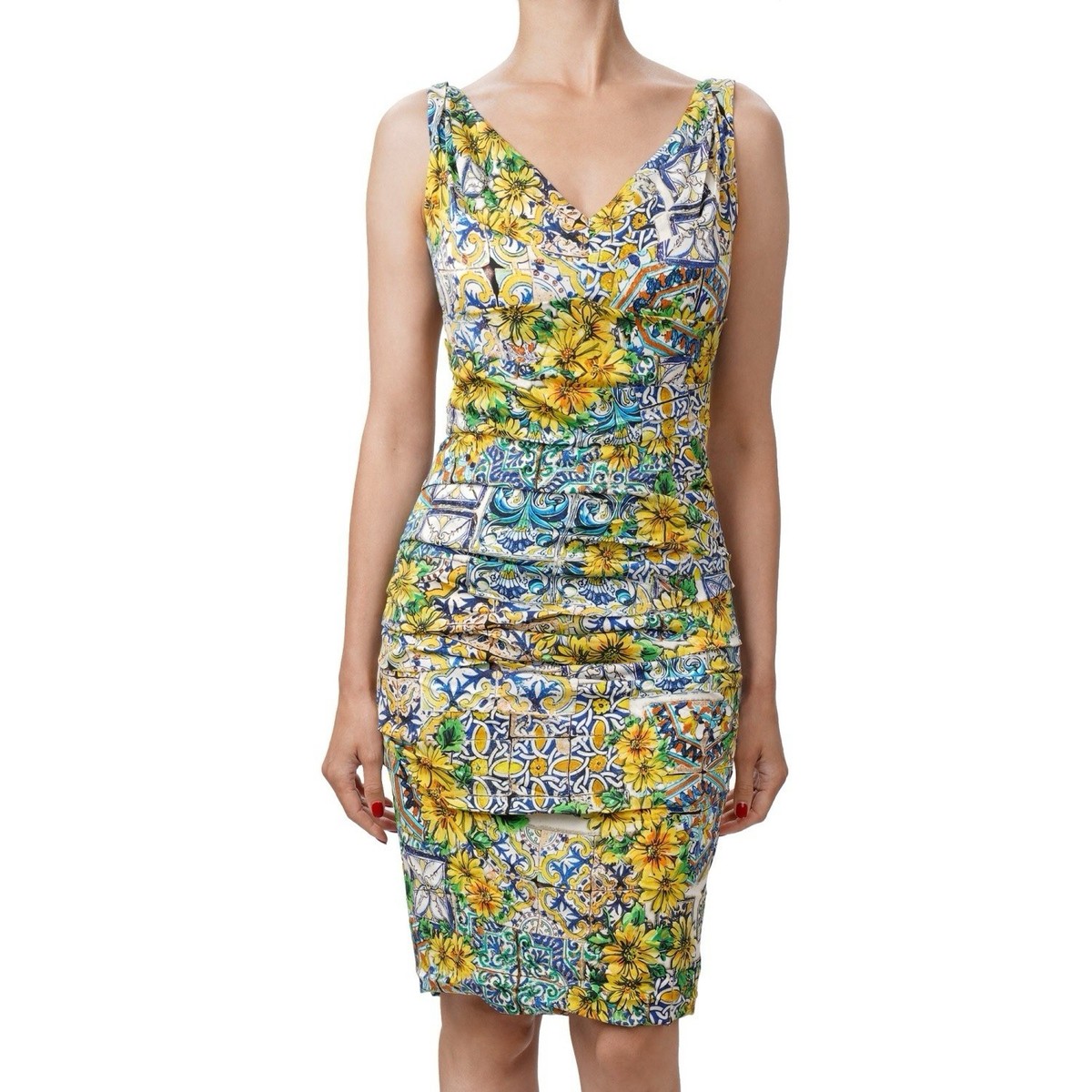 dolce and gabbana blue and yellow dress DOLCE & GABBANA Majolica Flower Drapped Silk Dress White Blue Yellow 46 US  10 L