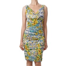 DOLCE & GABBANA Majolica Flower Drapped Silk Dress White Blue Yellow 46 US 10 L