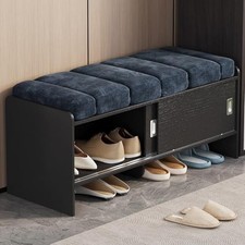 Blue Velvet Shoe Storage Bench with Cabinet – Modern Hallway Ottoman Seat