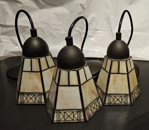 Tiffany Style Stained Glass Light Shade Chandelier lot 3 Wired Pendants Vintage