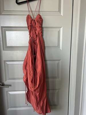 knee length dresses for ladies Celia Twist Neck Satin Slip Dress in Rust main image 0
