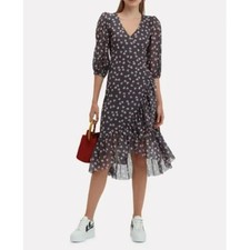 GANNI Tilden Mesh Dress Ruffle Floral Print V Neck Midi Multicolor 34 FR  2 US