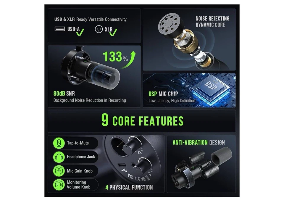 FIFINE K688 Podcast Microphone Kit, USB/XLR Dynamic Microphone with Boom Arm - Image 3 of 4