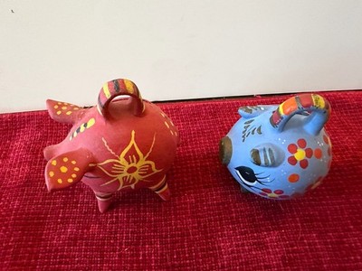 2 mini Vintage Mexican Terra Cotta Hand-Painted Piggy Bank Folk Art Pottery