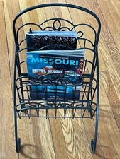 Vintage Wrought Iron Magazine Rack with Scrollwork and Fleur-de-Lis Accents — listing 4
