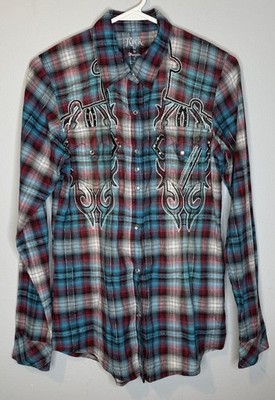 wrangler rock 47 pearl snap shirt Women s Small Embroidered Long Sleeve Blue Red