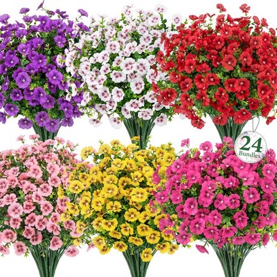 24 Bundles UV Resistant Artificial Flowers Faux Silk Outdoor Planters Vase Patio