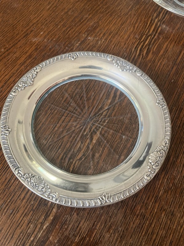 VINTAGE STERLING WINE,BOTTLE COASTER WITH ETCHED GLASS AND STERLING CANDY DISH