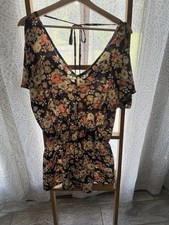 Black Floral V-Neck Short Sleeve Shorts Romper Rayon Tie Large