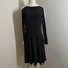 LRL Ralph Lauren Stretch Jersey Sheath Dress 12 Black White Split Flutter Sleeve