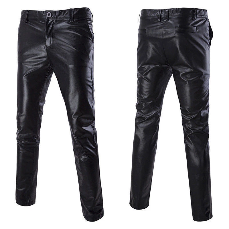 Pantalones de motociclista de cuero sintético para hombres Pantalones de escenario de aspecto húmedo Metálicos Brillantes Ajustados Moda Foto 4 de 4