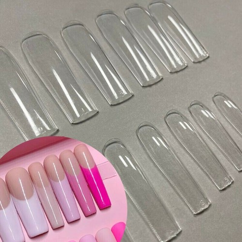 XXL Straight Square Full Cover Clear Press On False Nail Tips Extra Long Nails - Picture 1 of 21