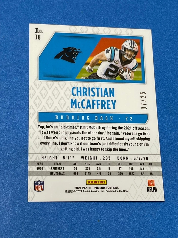 2021 Panini Phoenix Christian McCaffrey Green 7/25 Stanford #18 San Fran SP - Image 3 of 3