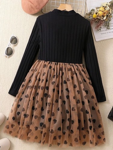 Tween Girl Heart Print Mesh Hem Dress