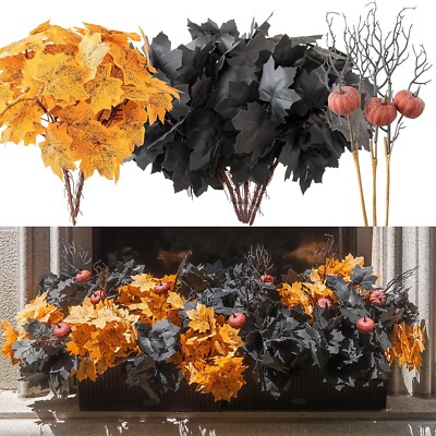 10 pcs Fake Plants Outdoor, Halloween Maple Pumpkin Branch, Autumn Artificial