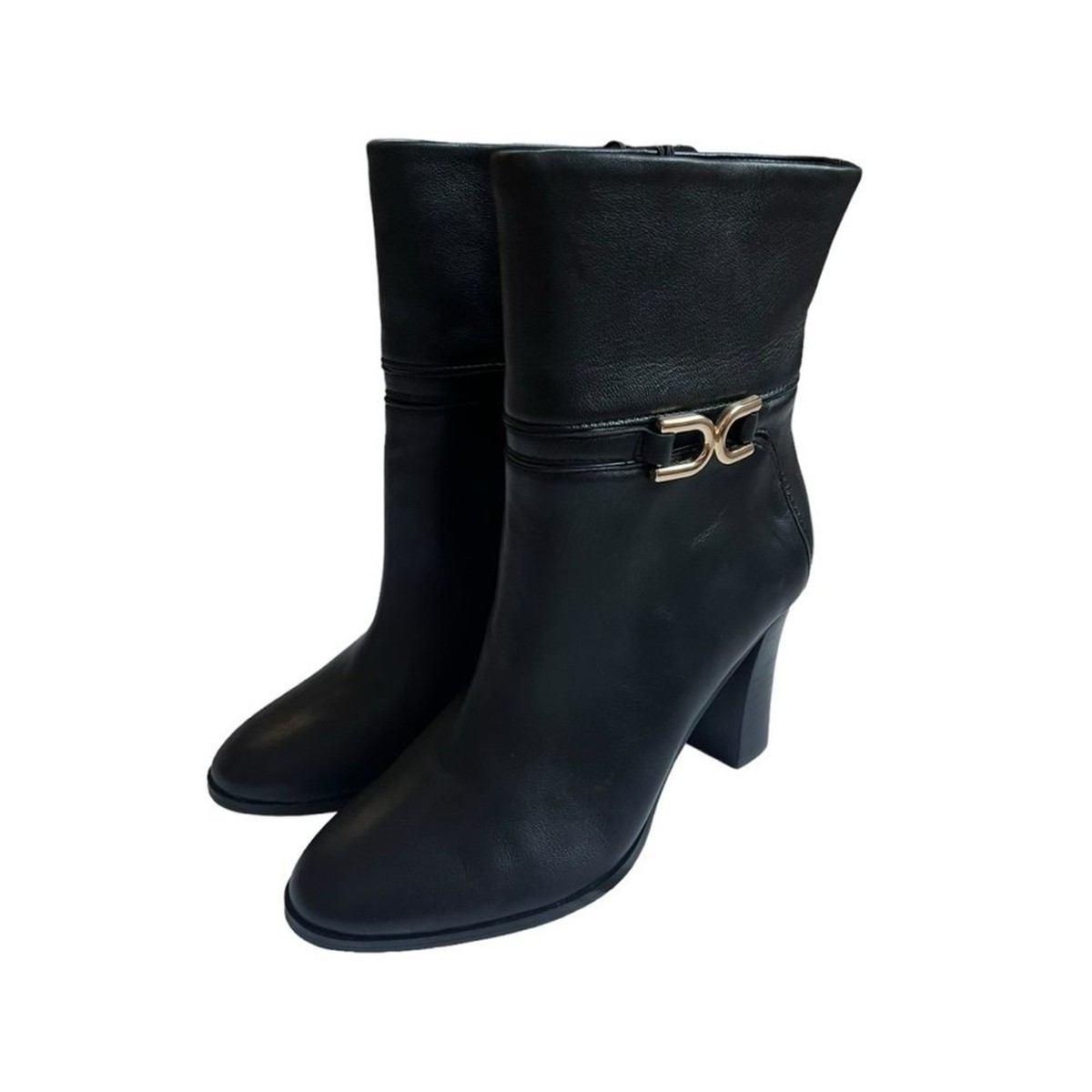 Express Shoes Leather Gold Buckle Heeled Ankle Boots Black NWT