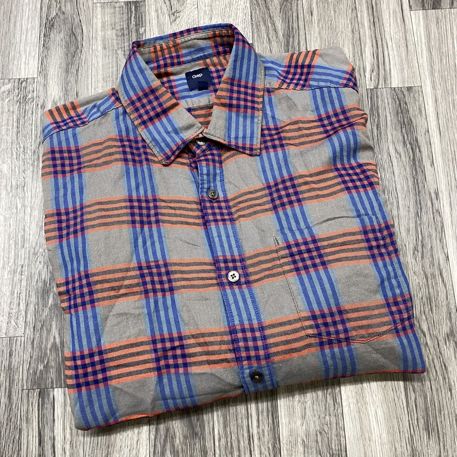 GAP Collared Button Down Patch Sleeve Grey Plaid … - image 1