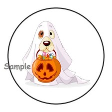 30 PUPPY IN HALLOWEEN COSTUME ENVELOPE SEALS LABELS STICKERS 1.5" ROUND DOG