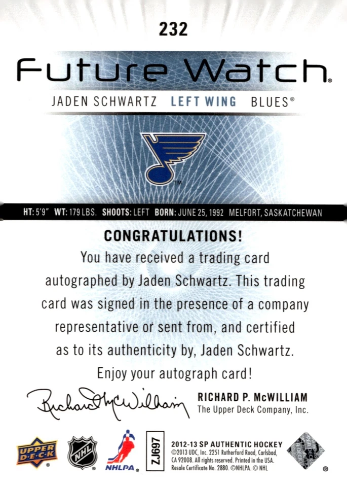Jaden Schwartz - 2012-13 SP Authentic Future Watch Auto /999 Rookie Card #232 - Image 2 of 2