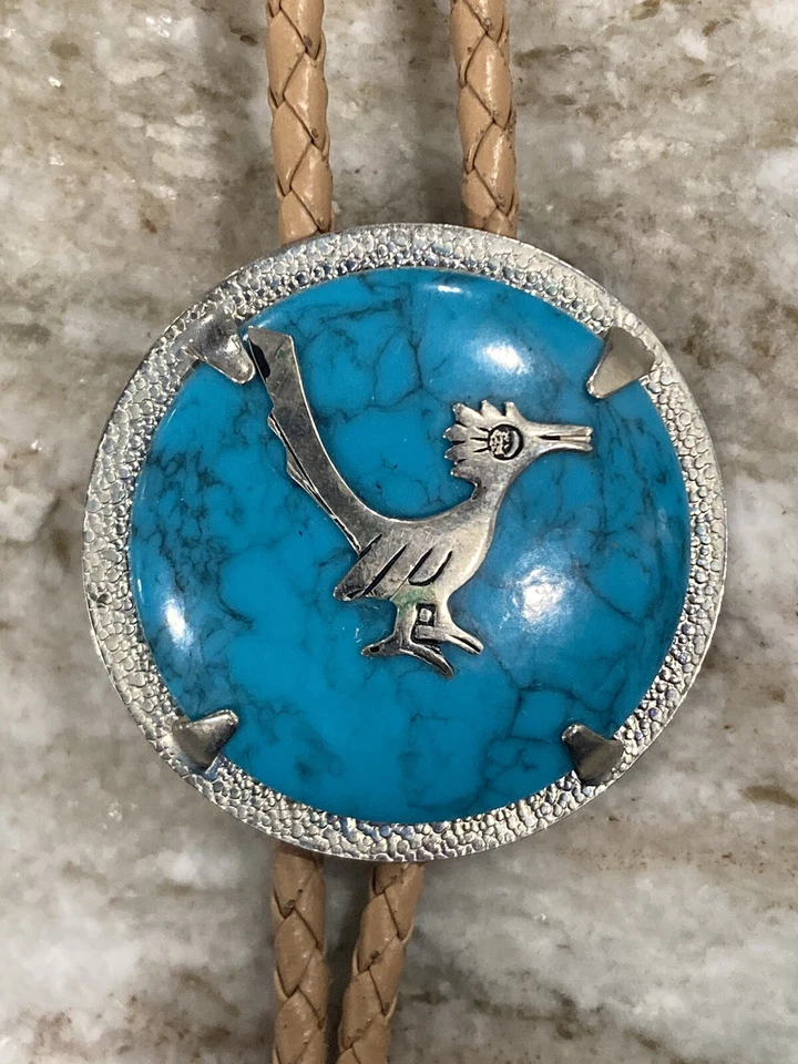Corbata Roadrunner níquel plata y turquesa sintética Southwest Bolo firmada/estampada L1 Foto 3 de 4