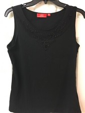 Oscar by Oscar De La Renta Black Knit Cami Tank Top Sequins Trim Size M
