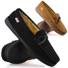 Mens Leather Slippers Fur Lined Sheepskin Wide Memory Foam Moccasin Shoes Size