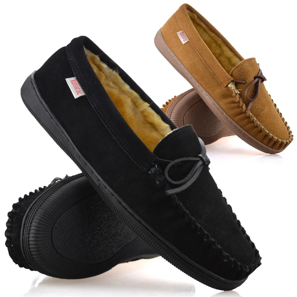 Mens Leather Slippers Fur Lined Sheepskin Wide Memory Foam Moccasin Shoes Size - Image 1 of 4