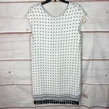 Madewell Dress Womens S White Black Geometric Shift Tassel Trim Short Sleeve