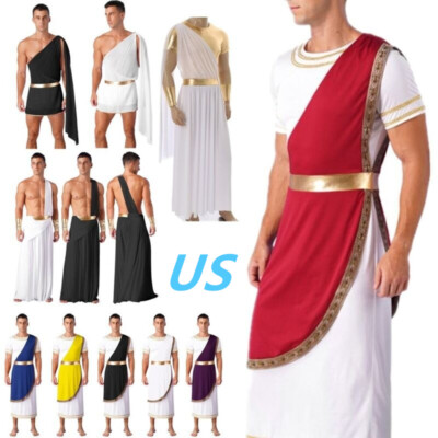 US Mens Ancient Greek God Toga Cosplay Costume Roman Caesar Dress Up Jumpsuits 