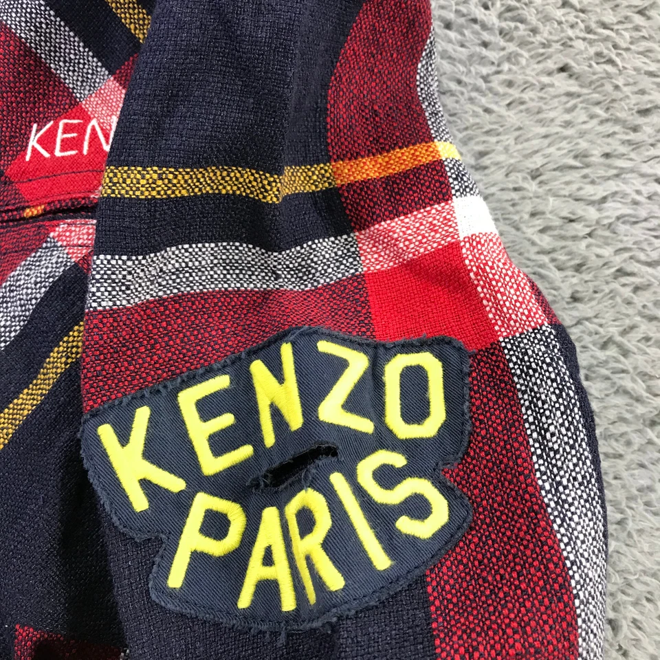KENZO Jacket Mens Medium Check Sailor Overshirt Jacket Full Zip Plaid Red Linen - Image 3 of 4