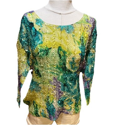90s Magic Woman Magic Scarf Crinkle Stretch Shirt Green Blue  Vintage Top XL-2X