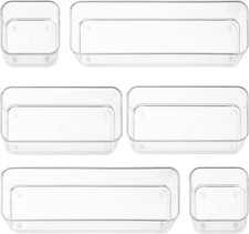 Six Pieces - Clear Plastic Drawer Organizer Bins - Stackable, Non-Slip, 3 Sizes