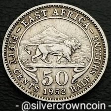 East Africa 🇬🇧 50 Cents 1952 KN. KM#30. Half Shilling coin. Lion & Mountains.