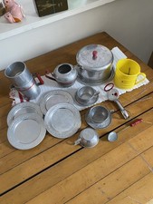 Vtg Children's Play Kitchen Baking Aluminum 32pc coffee teapot Utensils dishes