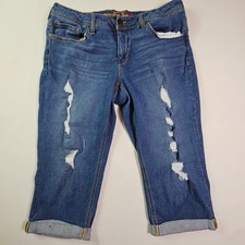 Faded Glory Women's Size 16 Distressed Mid Rise Capri Jeans Blue Denim