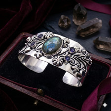 925 Sterling Silver Labradorite  Amethyst Gemstone Jewelry Women Cuff Bracelet