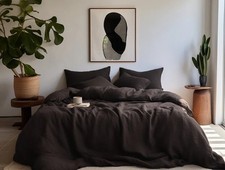 Black Linen Duvet Cover Set: Washed Boho Soft Farmhouse Style Cover Bedding Set.