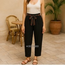 Boho High Waisted Wide Leg Pants Black Paisley Belt Resort Festival Size L 16