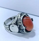 Heavyweight 925 Sterling Silver Ring with Natural Banded Red Yemeni Agate, 17 g