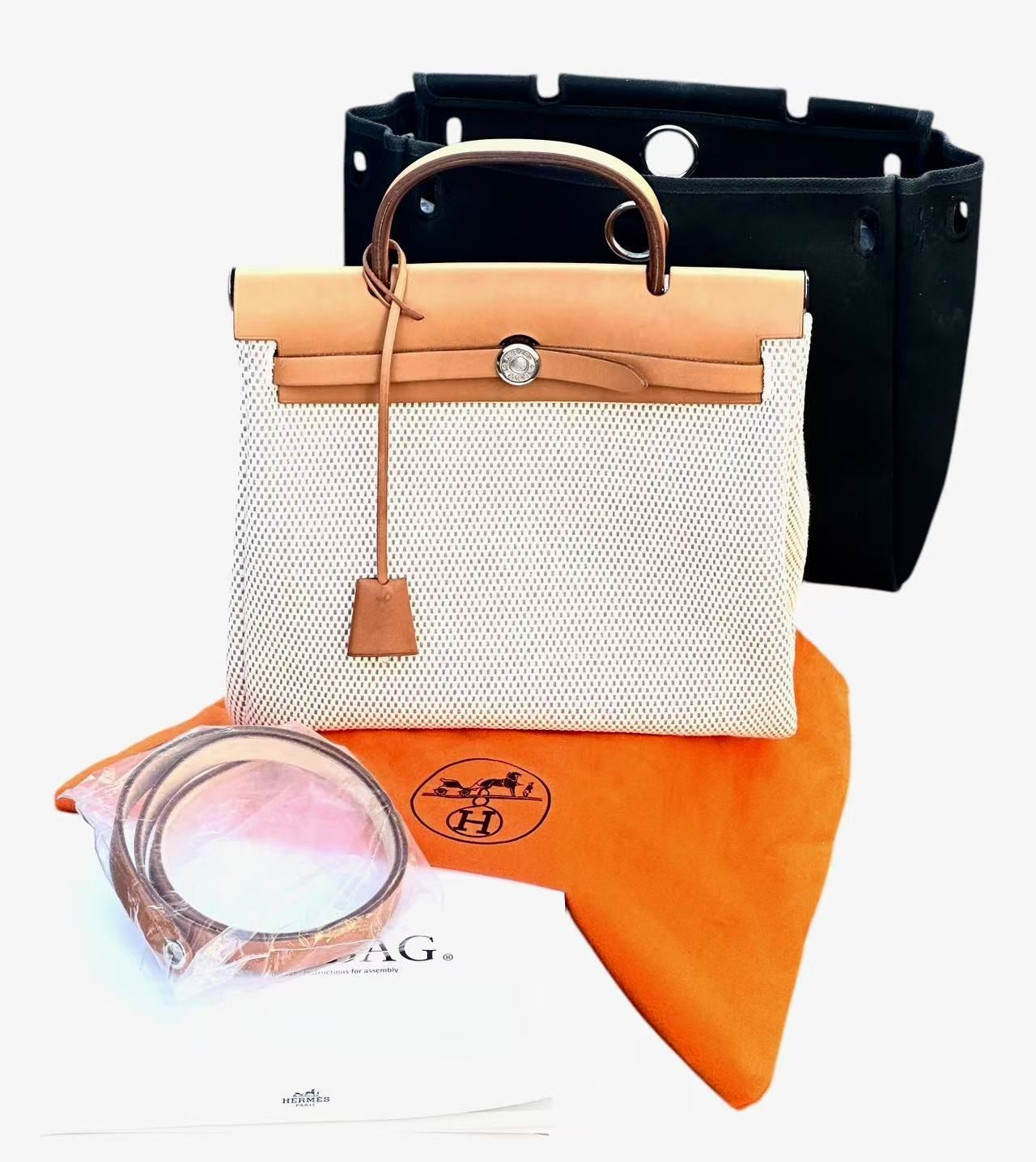 HERMES Herbag PM Natural Black Toile GM Canvas 2WAY Handbag EXCELLENT Condition