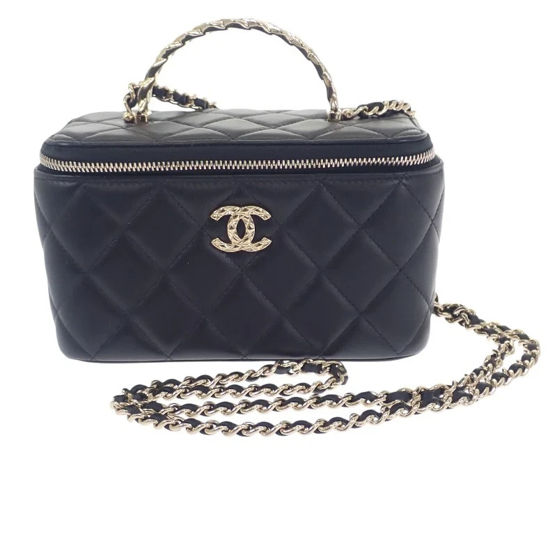 CHANEL Top Handle Long Vanity Case 2Way Bag Lambskin Black Gold HW