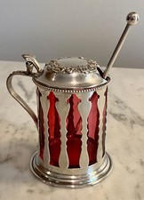 Sterling Silver Victorian Cutwork Mustard Pot Cranberry Liner w/Sterling Spoon