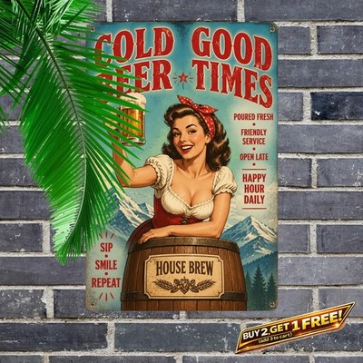 Pin Up Waitress Holding Beer Mountain Vintage Illustration Metal Plaque