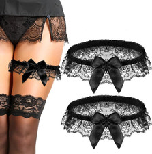 2-Pcs Black Lace Wedding Garter Set Bowknot Elastic Thigh Ring Bride Prom