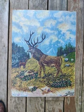 40s Amateur Naïve Art Oil Painting Signed Wood Board Deer Buck Mountains 26x19